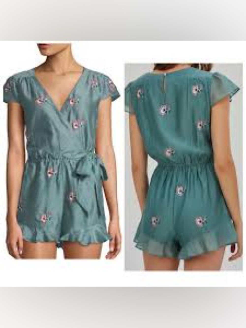 Tularosa Ashby Embroidered Silk Cotton Wrap Green Floral Romper Ruffle Hem Small